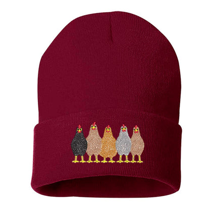 Burgundy DSY Lifestyle ribbed knit beanie hat featuring an embroidered graphic of a mother hen and her chicks on the front cuff. - DSY Lifestyle