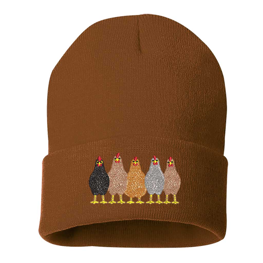 Camel Brown DSY Lifestyle ribbed knit beanie hat featuring an embroidered graphic of a mother hen and her chicks on the front cuff. - DSY Lifestyle