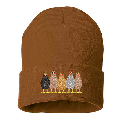 Camel Brown DSY Lifestyle ribbed knit beanie hat featuring an embroidered graphic of a mother hen and her chicks on the front cuff. - DSY Lifestyle