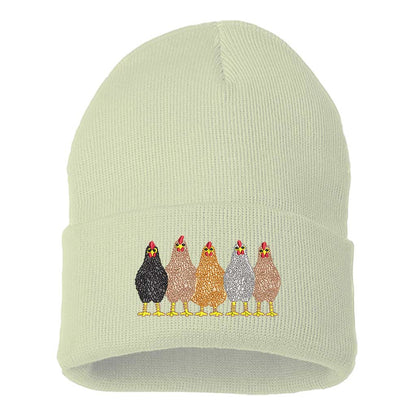 Cream DSY Lifestyle ribbed knit beanie hat featuring an embroidered graphic of a mother hen and her chicks on the front cuff. - DSY Lifestyle