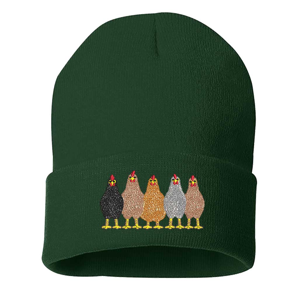 Forest Green DSY Lifestyle ribbed knit beanie hat featuring an embroidered graphic of a mother hen and her chicks on the front cuff. - DSY Lifestyle