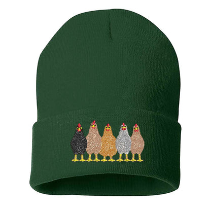 Forest Green DSY Lifestyle ribbed knit beanie hat featuring an embroidered graphic of a mother hen and her chicks on the front cuff. - DSY Lifestyle