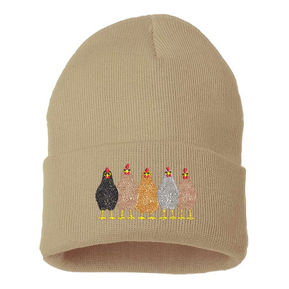 Khaki DSY Lifestyle ribbed knit beanie hat featuring an embroidered graphic of a mother hen and her chicks on the front cuff. - DSY Lifestyle