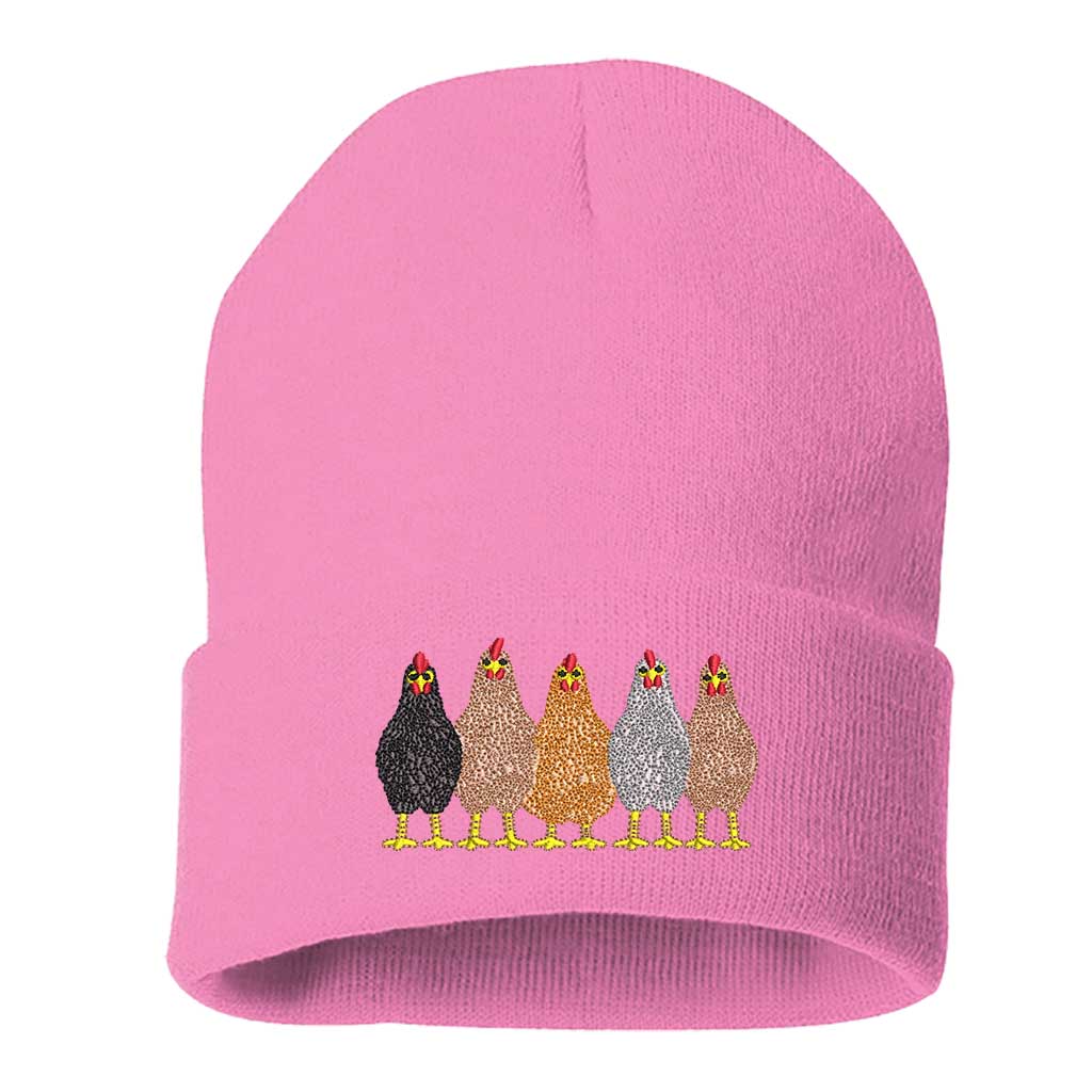 Light Pink ribbed knit beanie hat featuring an embroidered graphic of a mother hen and her chicks on the front cuff. - DSY Lifestyle