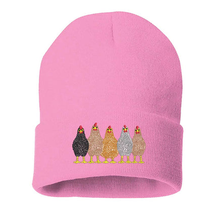 Light Pink ribbed knit beanie hat featuring an embroidered graphic of a mother hen and her chicks on the front cuff. - DSY Lifestyle