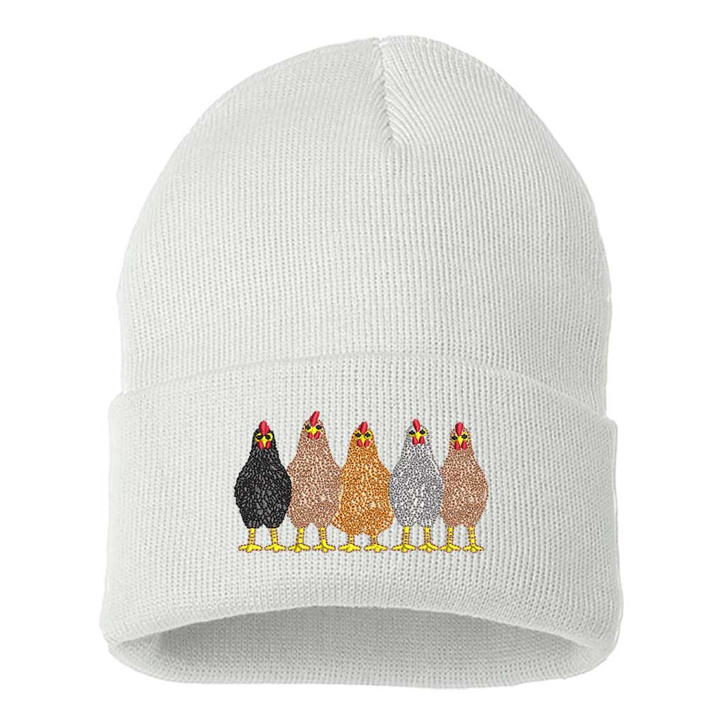 White DSY Lifestyle ribbed knit beanie hat featuring an embroidered graphic of a mother hen and her chicks on the front cuff. - DSY Lifestyle