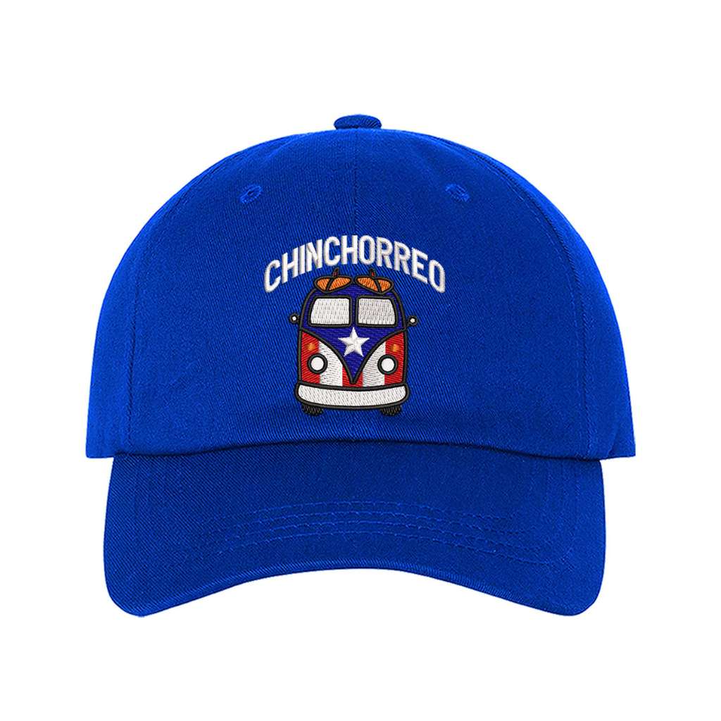 Royal blue baseball hat embroidered with the phrase chinchorreo and a van with the puertorican flag on it- DSY Lifestyle