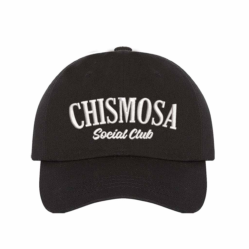 Black Chismosa Social Club Embroidered Baseball Hat featuring bold embroidered text, curved brim, and adjustable strapback closure – DSY Lifestyle