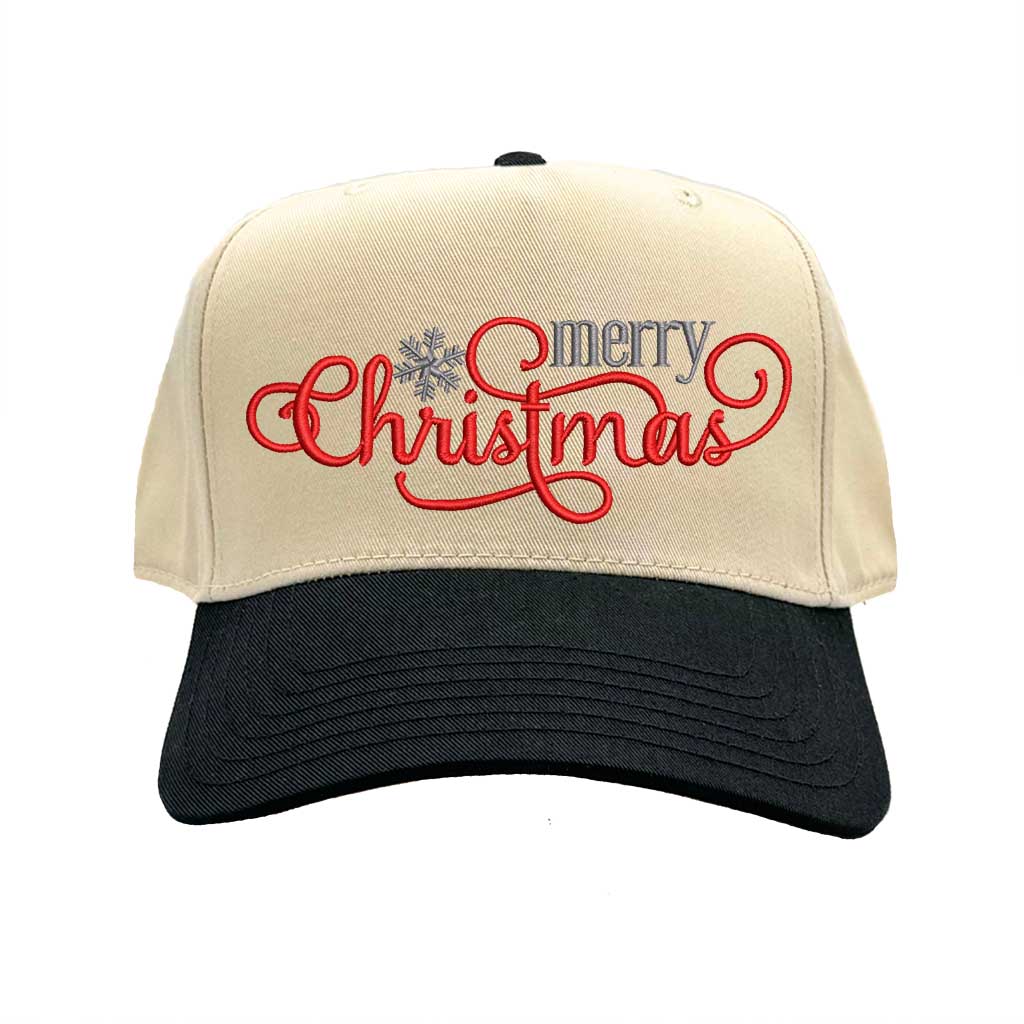 Natural Black Merry Christmas Snowflake Two Tone 5-Panel Embroidered Baseball Hat with festive holiday embroidery and adjustable snapback closure – DSY Lifestyle