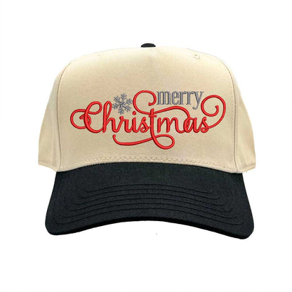 Natural Black Merry Christmas Snowflake Two Tone 5-Panel Embroidered Baseball Hat with festive holiday embroidery and adjustable snapback closure – DSY Lifestyle