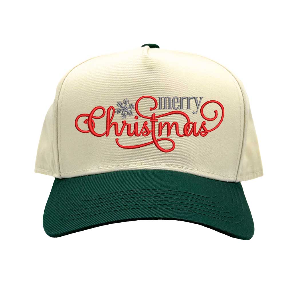 Natural Forest Green Merry Christmas Snowflake Two Tone 5-Panel Embroidered Baseball Hat with festive holiday embroidery and adjustable snapback closure – DSY Lifestyle