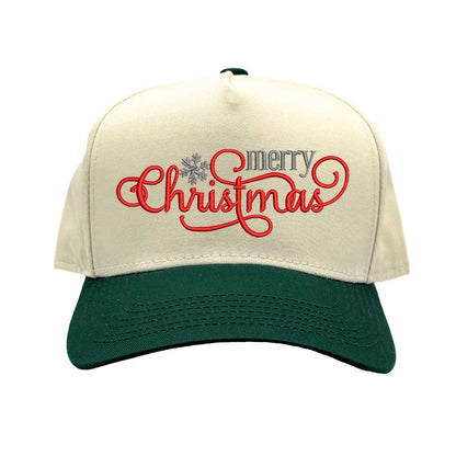 Natural Forest Green Merry Christmas Snowflake Two Tone 5-Panel Embroidered Baseball Hat with festive holiday embroidery and adjustable snapback closure – DSY Lifestyle
