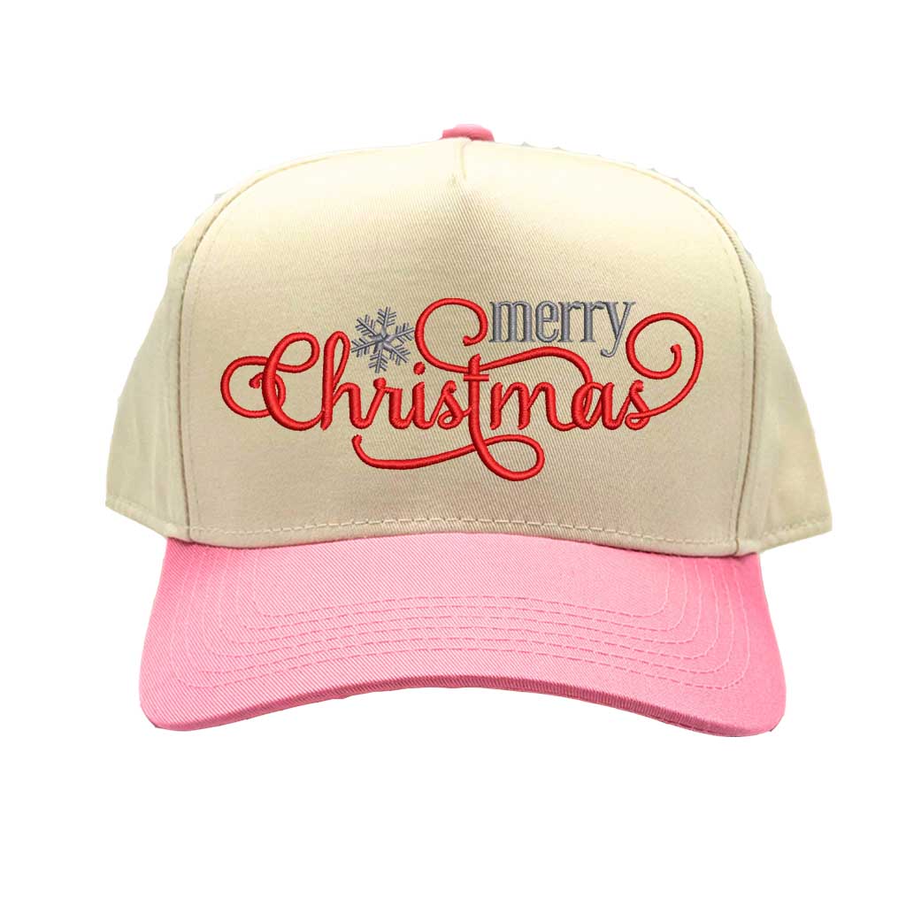 Natural Light Pink Merry Christmas Snowflake Two Tone 5-Panel Embroidered Baseball Hat with festive holiday embroidery and adjustable snapback closure – DSY Lifestyle