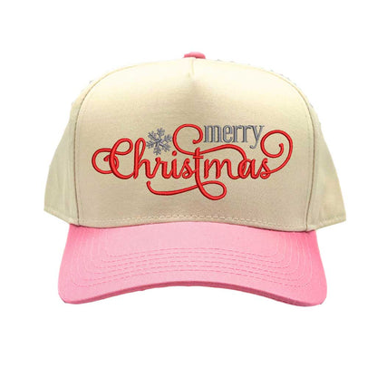 Natural Light Pink Merry Christmas Snowflake Two Tone 5-Panel Embroidered Baseball Hat with festive holiday embroidery and adjustable snapback closure – DSY Lifestyle