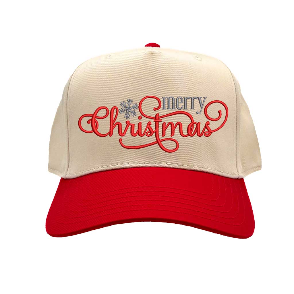 Natural Red Merry Christmas Snowflake Two Tone 5-Panel Embroidered Baseball Hat with festive holiday embroidery and adjustable snapback closure – DSY Lifestyle