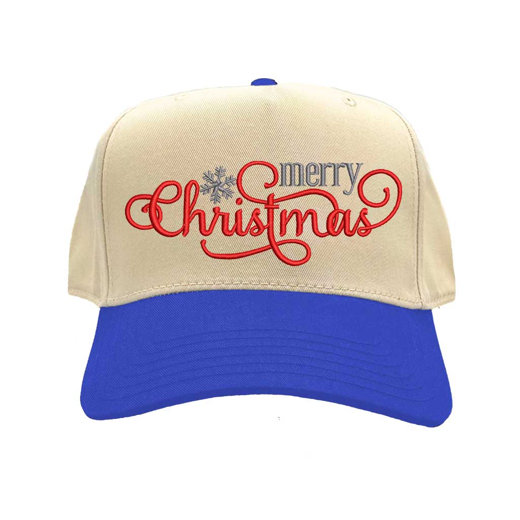 Natural Royal Blue Merry Christmas Snowflake Two Tone 5-Panel Embroidered Baseball Hat with festive holiday embroidery and adjustable snapback closure – DSY Lifestyle