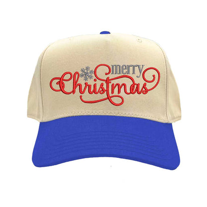 Natural Royal Blue Merry Christmas Snowflake Two Tone 5-Panel Embroidered Baseball Hat with festive holiday embroidery and adjustable snapback closure – DSY Lifestyle