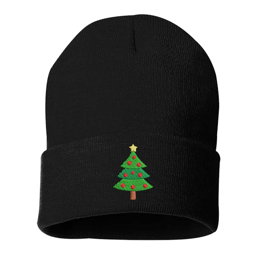 Black Christmas Tree Embroidered Beanie Cap featuring soft knit material and festive Christmas tree embroidery – DSY Lifestyle