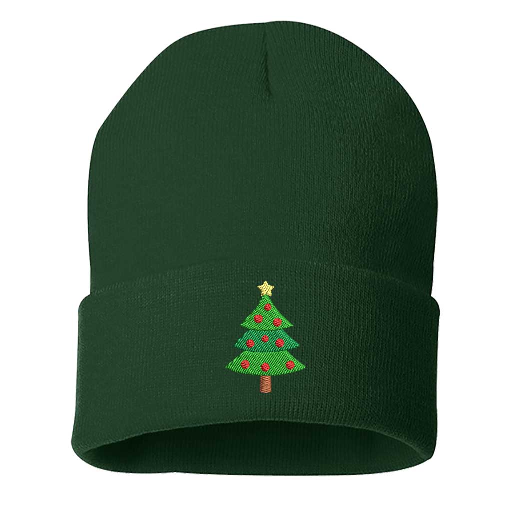 Forest Green Christmas Tree Embroidered Beanie Cap featuring soft knit material and festive Christmas tree embroidery – DSY Lifestyle