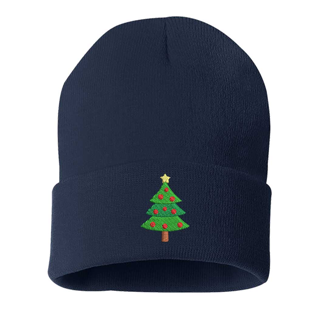 Navy Blue Christmas Tree Embroidered Beanie Cap featuring soft knit material and festive Christmas tree embroidery – DSY Lifestyle