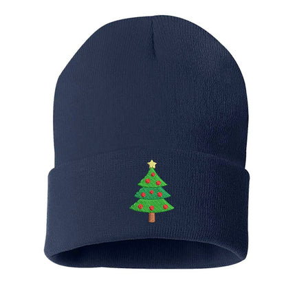 Navy Blue Christmas Tree Embroidered Beanie Cap featuring soft knit material and festive Christmas tree embroidery – DSY Lifestyle