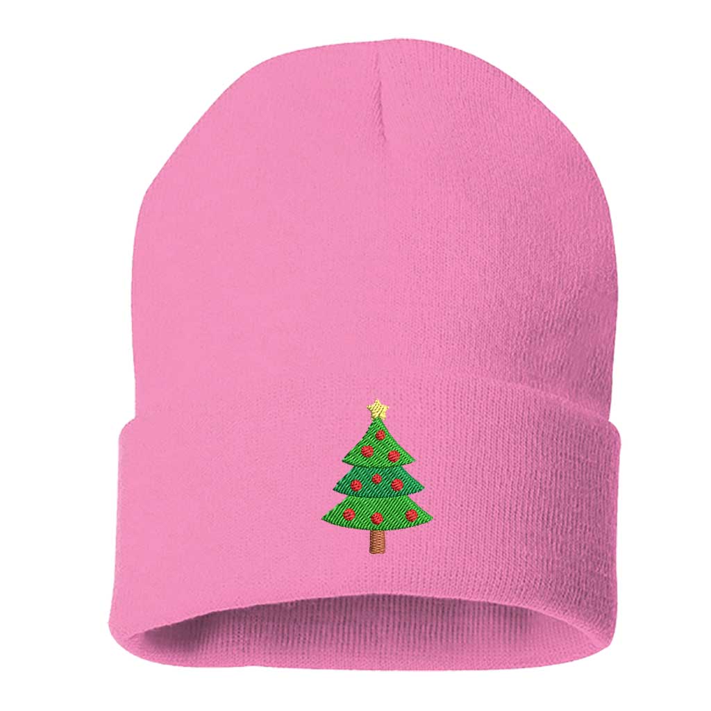 Light Pink Christmas Tree Embroidered Beanie Cap featuring soft knit material and festive Christmas tree embroidery – DSY Lifestyle