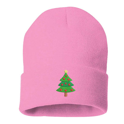 Light Pink Christmas Tree Embroidered Beanie Cap featuring soft knit material and festive Christmas tree embroidery – DSY Lifestyle