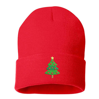Red Christmas Tree Embroidered Beanie Cap featuring soft knit material and festive Christmas tree embroidery – DSY Lifestyle