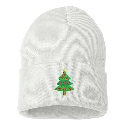 White Christmas Tree Embroidered Beanie Cap featuring soft knit material and festive Christmas tree embroidery – DSY Lifestyle