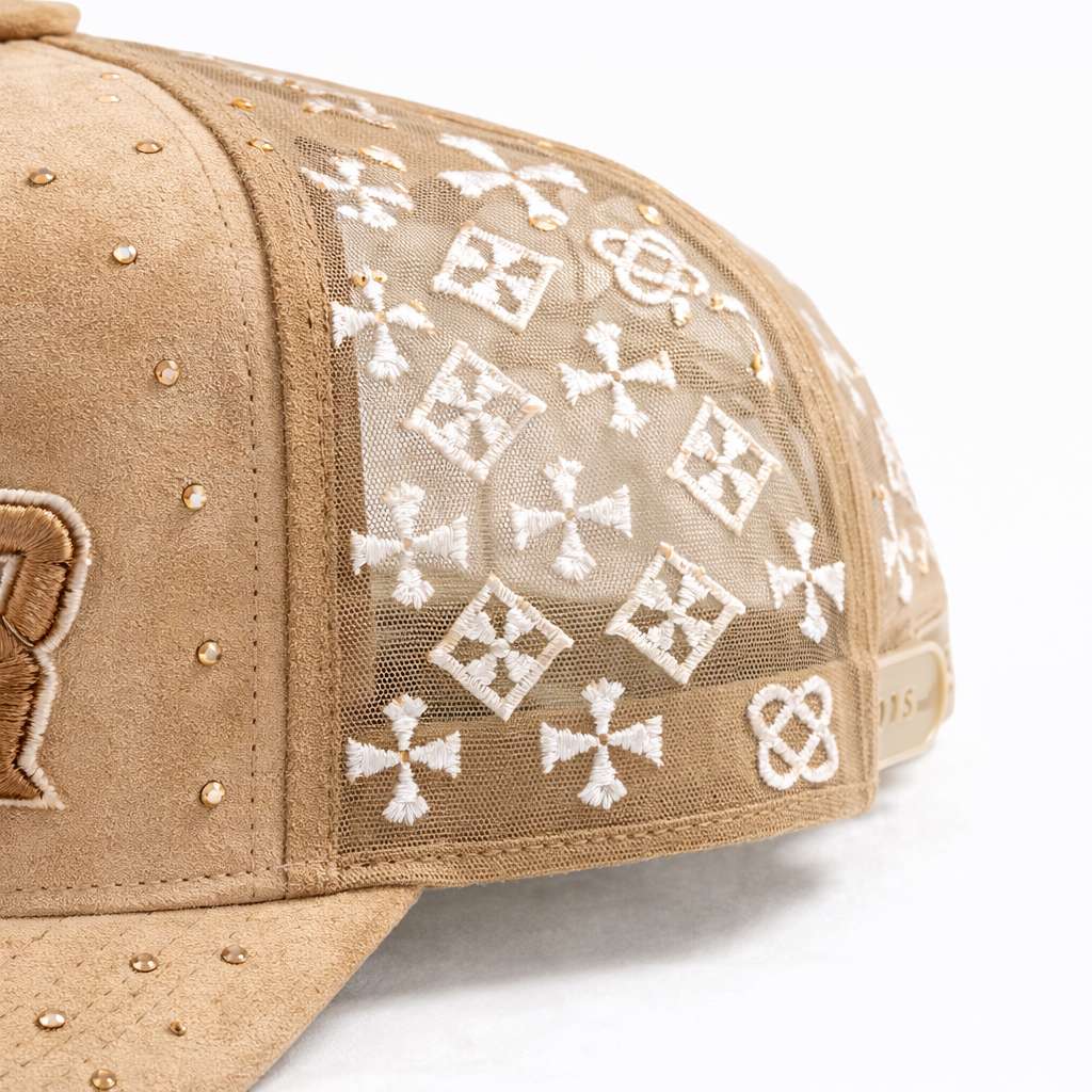 close up of Puerto Rico PR rhinestone trucker hat embroidered Puerto Rican baseball cap DSY Lifestyle