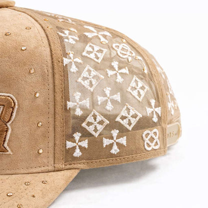 close up of Puerto Rico PR rhinestone trucker hat embroidered Puerto Rican baseball cap DSY Lifestyle