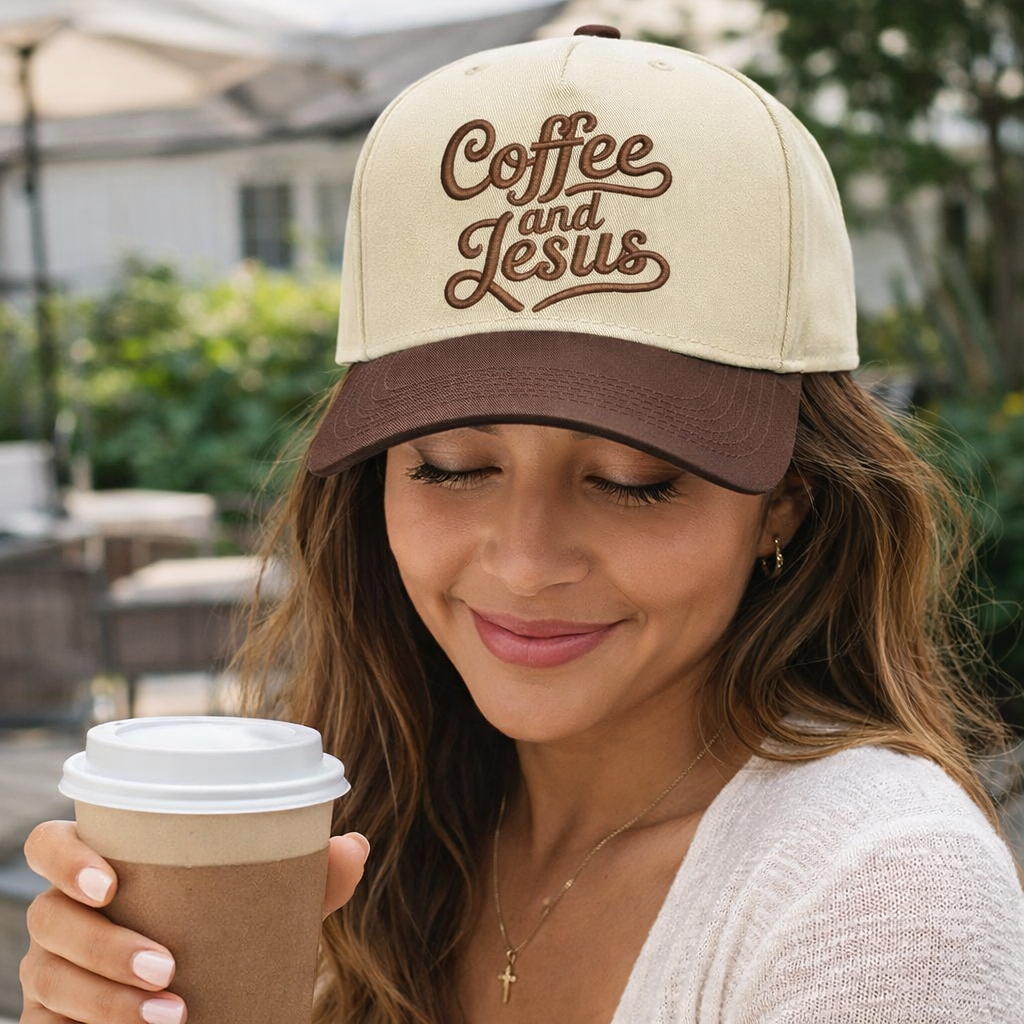 Female wearing a Natural Brown high-quality DSY Lifestyle two-tone baseball hat with a neutral crown and contrast-colored bill, featuring the words Coffee and Jesus in detailed professional embroidery. - DSY Lifestyle
