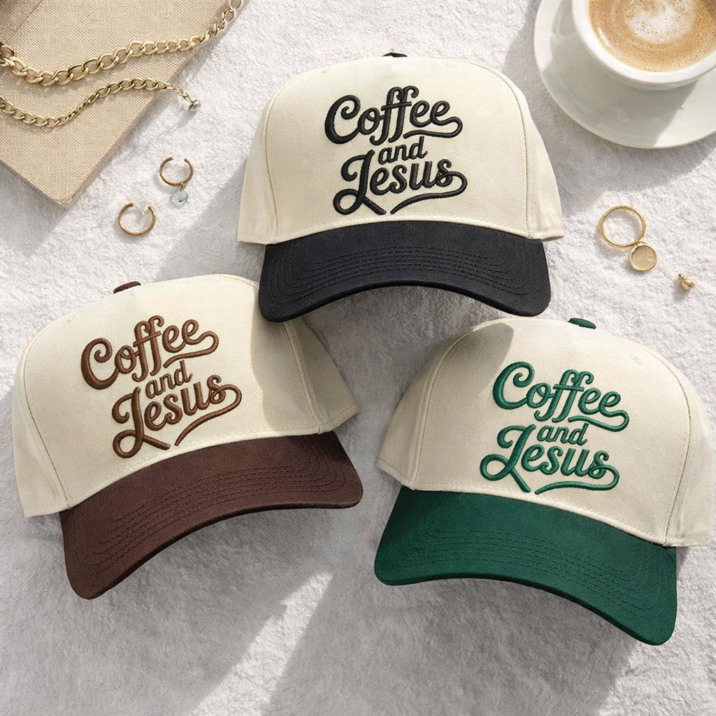 Flat lay of high-quality DSY Lifestyle two-tone baseball hats with a neutral crown and contrast-colored bill, featuring the words Coffee and Jesus in detailed professional embroidery. - DSY Lifestyle