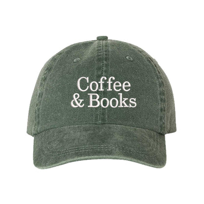 Dark Green Coffee and Books Washed Baseball Hat, a soft cotton statement cap made for Sunday mornings and coffee runs in DFW, Texas. - DSY Lifestyle