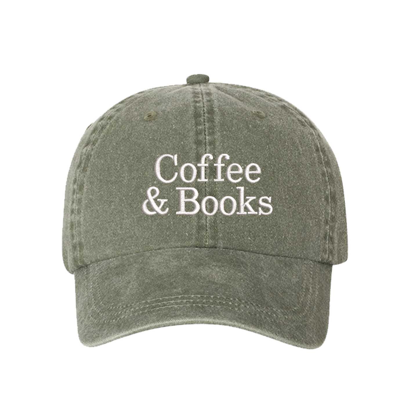 Olive Green Coffee and Books Washed Baseball Hat, a soft cotton statement cap made for Sunday mornings and coffee runs in DFW, Texas. - DSY Lifestyle