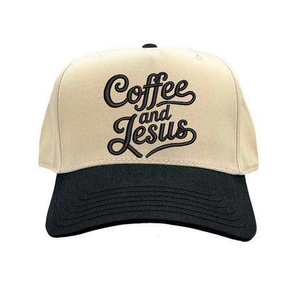 Natural Black high-quality DSY Lifestyle two-tone baseball hat with a neutral crown and contrast-colored bill, featuring the words Coffee and Jesus in detailed professional embroidery. - DSY Lifestyle