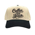 Natural Black high-quality DSY Lifestyle two-tone baseball hat with a neutral crown and contrast-colored bill, featuring the words Coffee and Jesus in detailed professional embroidery. - DSY Lifestyle