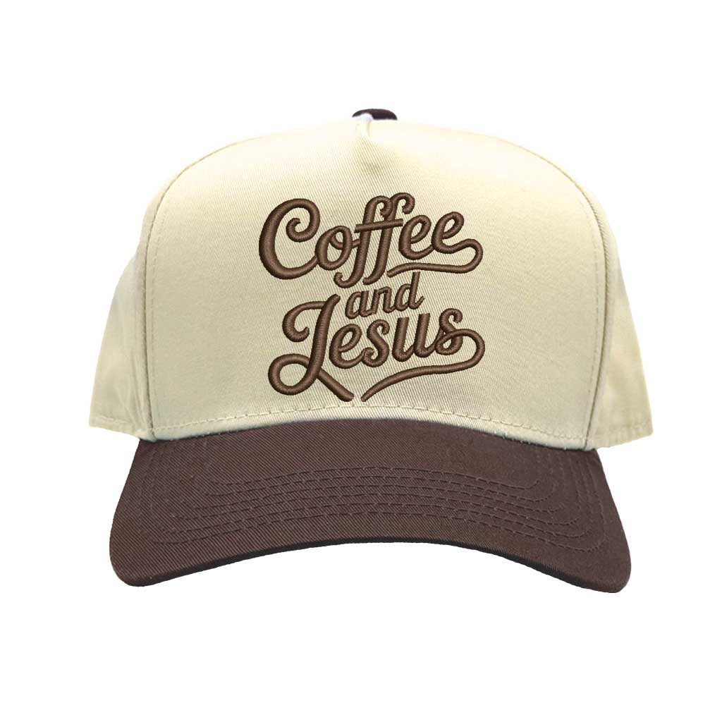 Natural Brown high-quality DSY Lifestyle two-tone baseball hat with a neutral crown and contrast-colored bill, featuring the words Coffee and Jesus in detailed professional embroidery. - DSY Lifestyle