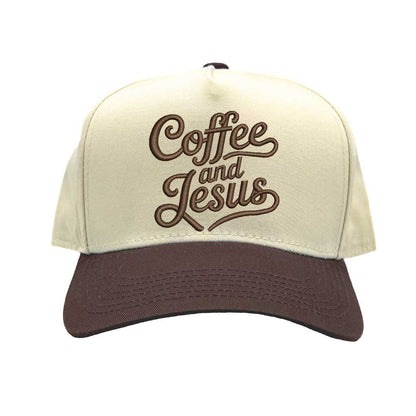 Natural Brown high-quality DSY Lifestyle two-tone baseball hat with a neutral crown and contrast-colored bill, featuring the words Coffee and Jesus in detailed professional embroidery. - DSY Lifestyle