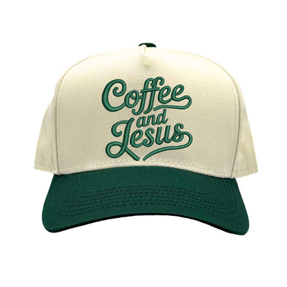Natural Forest Green high-quality DSY Lifestyle two-tone baseball hat with a neutral crown and contrast-colored bill, featuring the words Coffee and Jesus in detailed professional embroidery. - DSY Lifestyle