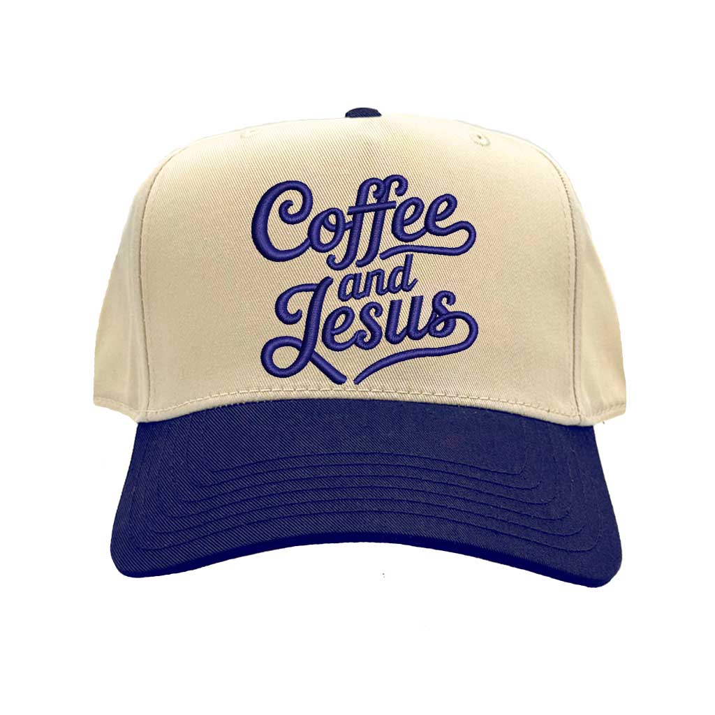 Natural Navy Blue high-quality DSY Lifestyle two-tone baseball hat with a neutral crown and contrast-colored bill, featuring the words Coffee and Jesus in detailed professional embroidery. - DSY Lifestyle