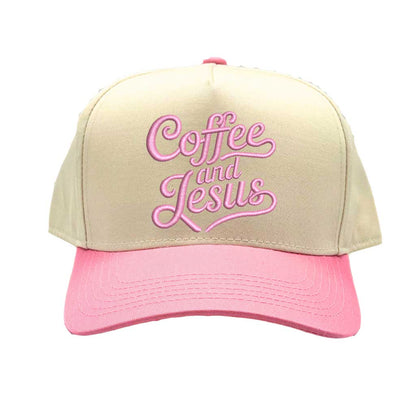 Natural Pink high-quality DSY Lifestyle two-tone baseball hat with a neutral crown and contrast-colored bill, featuring the words Coffee and Jesus in detailed professional embroidery. - DSY Lifestyle