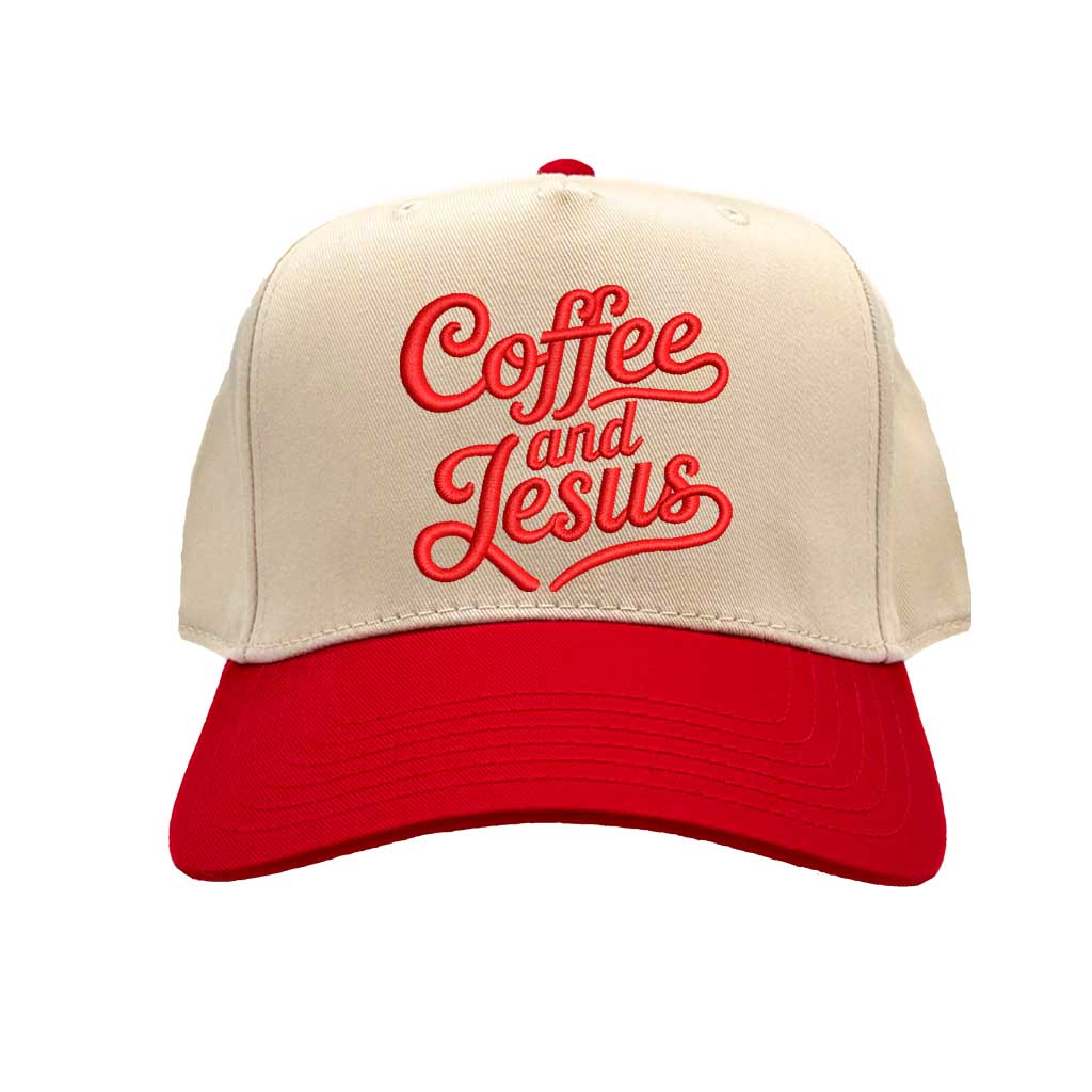 Natural Red high-quality DSY Lifestyle two-tone baseball hat with a neutral crown and contrast-colored bill, featuring the words Coffee and Jesus in detailed professional embroidery. - DSY Lifestyle