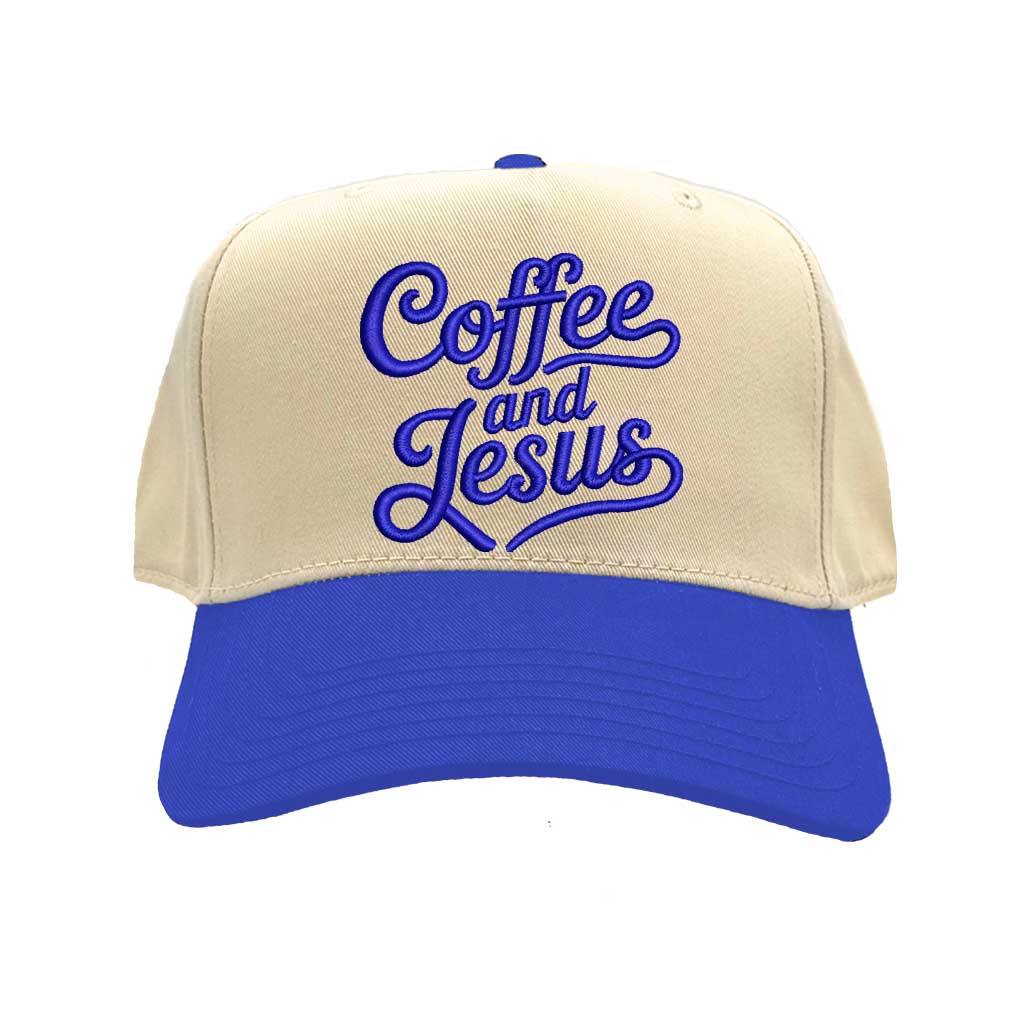 Natural Royal Blue high-quality DSY Lifestyle two-tone baseball hat with a neutral crown and contrast-colored bill, featuring the words Coffee and Jesus in detailed professional embroidery. - DSY Lifestyle
