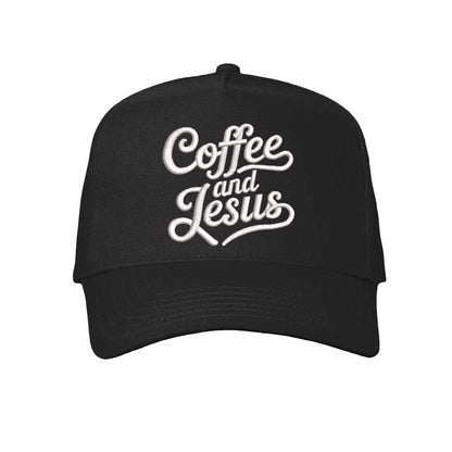 Solid Black high-quality DSY Lifestyle 5-panel baseball hat featuring the words Coffee and Jesus in detailed professional embroidery. - DSY Lifestyle