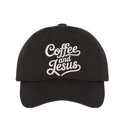 Black cotton baseball hat with the words Coffee and Jesus embroidered in a clean, professional font across the front. - DSY Lifestyle