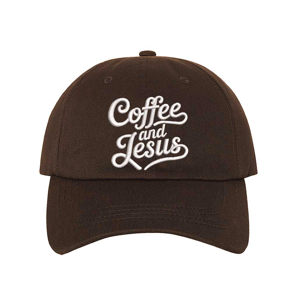 Brown cotton baseball hat with the words Coffee and Jesus embroidered in a clean, professional font across the front. - DSY Lifestyle