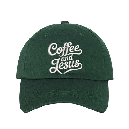 Forest Green cotton baseball hat with the words Coffee and Jesus embroidered in a clean, professional font across the front. - DSY Lifestyle
