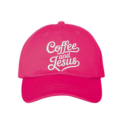 Hot Pink cotton baseball hat with the words Coffee and Jesus embroidered in a clean, professional font across the front. - DSY Lifestyle