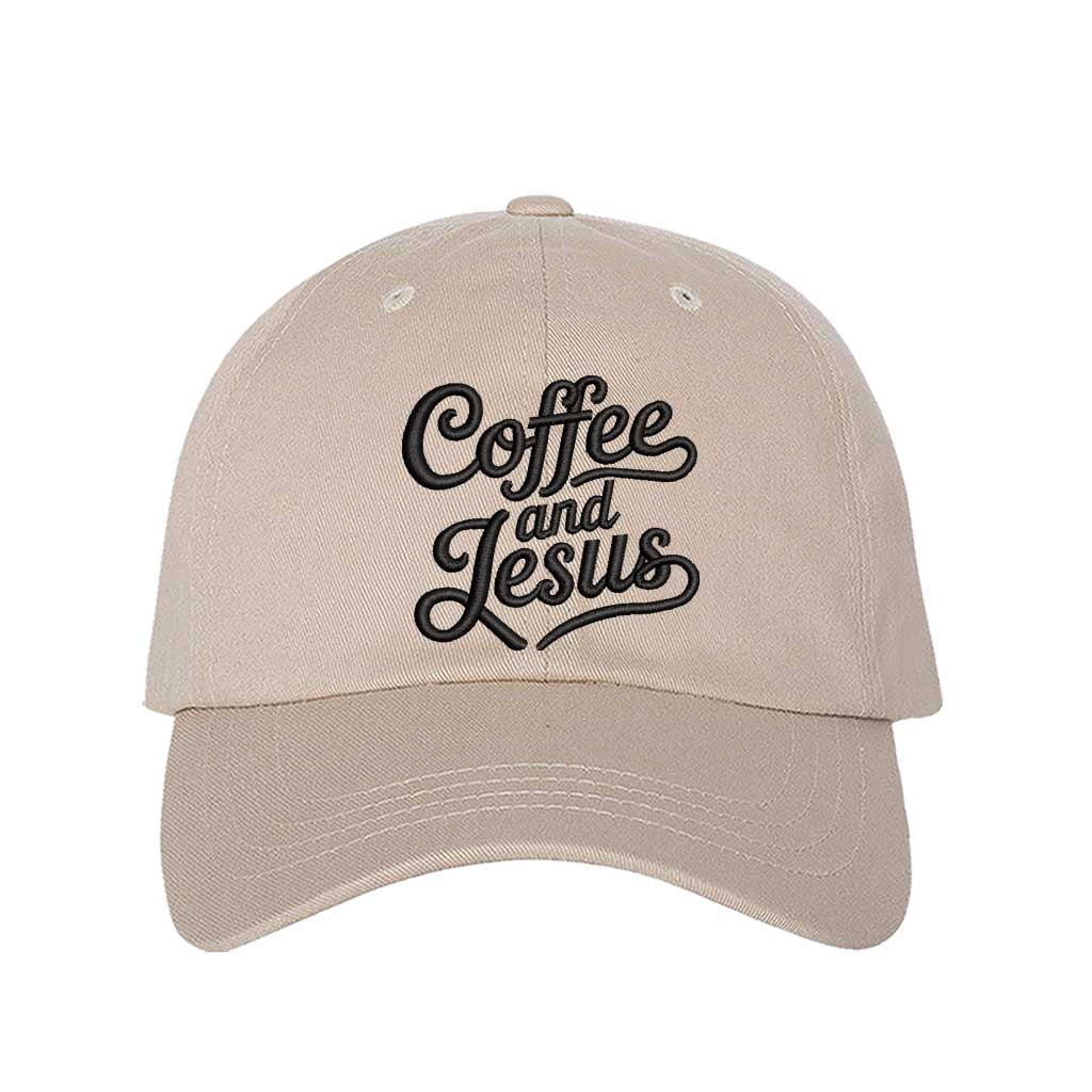 Stone cotton baseball hat with the words Coffee and Jesus embroidered black thread in a clean, professional font across the front. - DSY Lifestyle